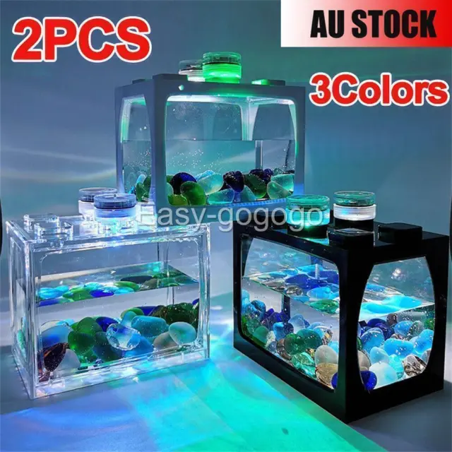 2PCS Mini Aquarium LED Light Lamp Clear Fish Tank Box Betta Desktop Decor Gifts