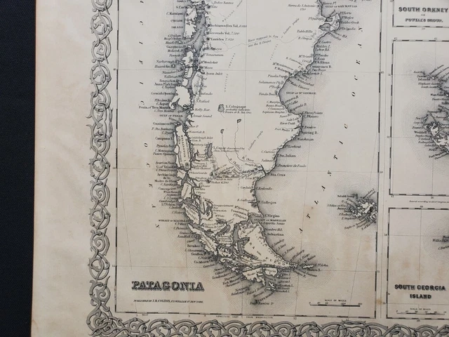 1855 Colton Map - Argentina Falkland Islands South America 100% Genuine Antique 3
