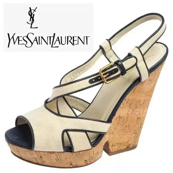 YSL Yves Saint Laurent DEAUVILLE Wedge Cork Canvas Slingback Sandals 39