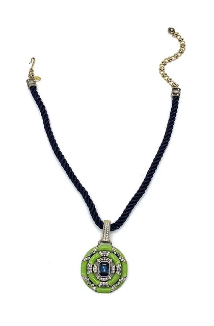Heidi Daus "Newport Chic" Green Enamel & Blue Crystal Cord Necklace. 16"