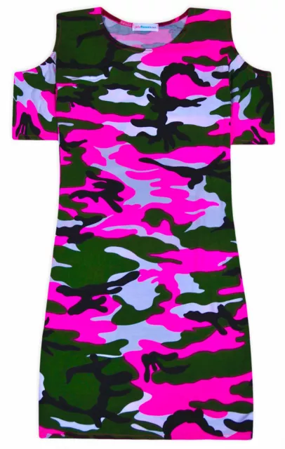 Girls Camo Cold Shoulder Midi Dress Pink Party Summer Dresses New Age 5-13 Years