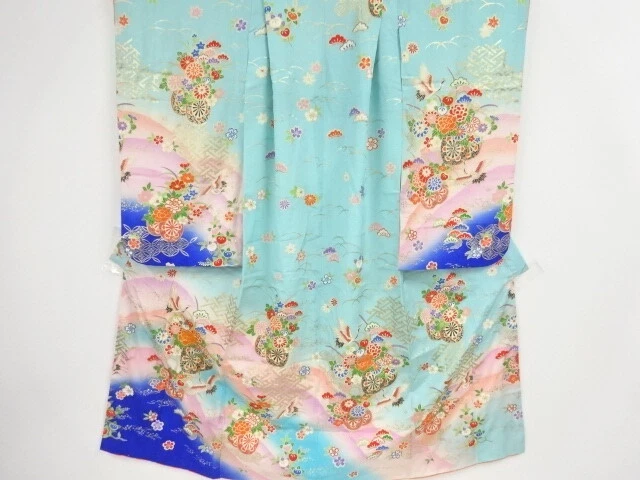 44703# Japanese Kimono / Antique Kimono For Girls / Flower Cart With Crane