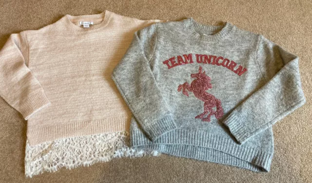 Pacchetto maglione invernale ragazze età 7-8 pizzo glitter pesca e unicorno grigio rosa in perfette condizioni
