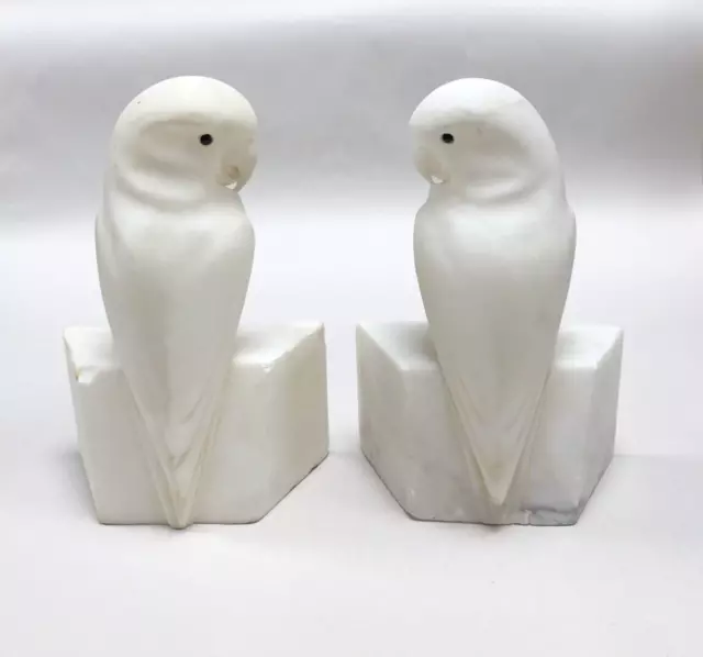 Art Deco Italian Hand Carved White Alabaster Parakeet Bookends , Signed To Base