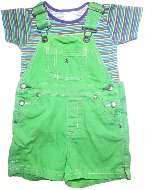 DEFECT Vintage 1990s Baby Girls Tommy Hilfiger Green Overalls Outfit Set 2T 3T