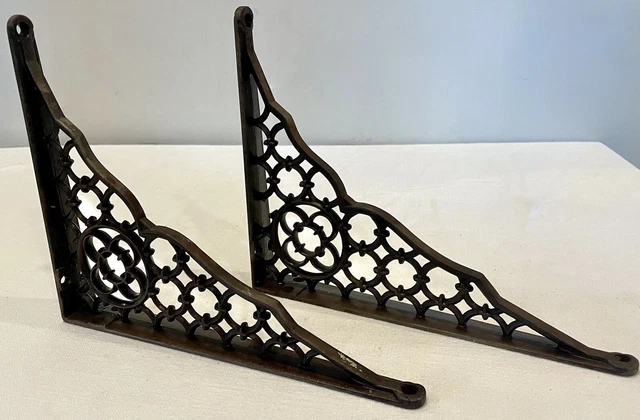 Pair 2 Antiqu Vict. Iron Shelf Brackets Gothic Clover Design 8 X 10” FREE SHIP