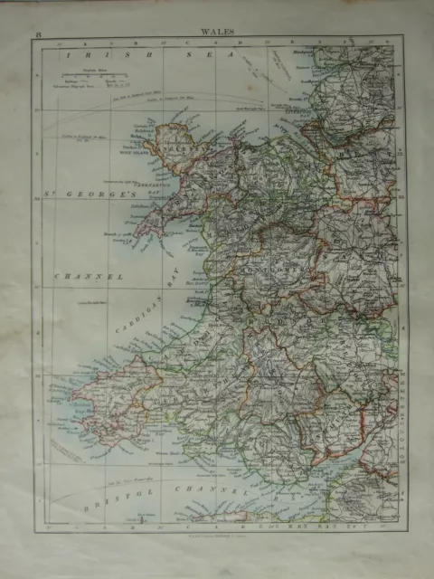 1899 Victorian Map ~ Wales Cardigan Montgomery Pembroke Caernarvon Anglesey
