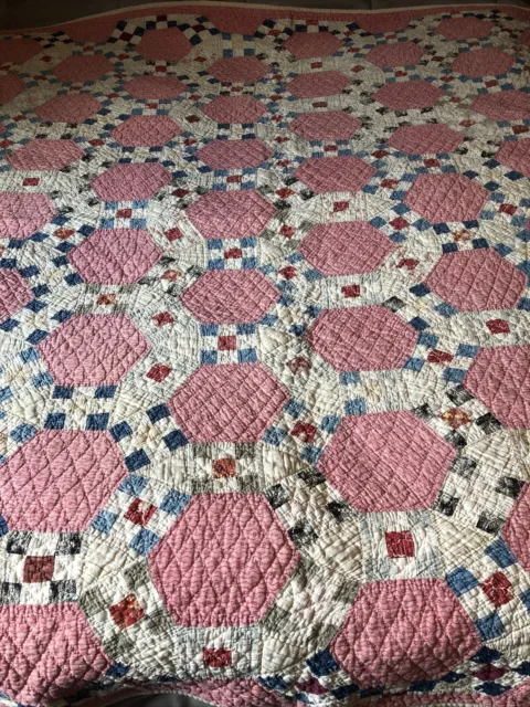 Antique Unique Pattern Hand Pieced & Quilted Quilt Red Blue Black 66 X 71