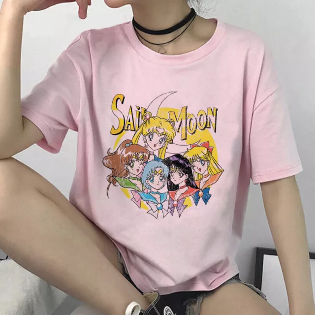 Hot Anime Sailor Moon Women T-Shirt Print Short Sleeve Pink Cute Girl Round Neck