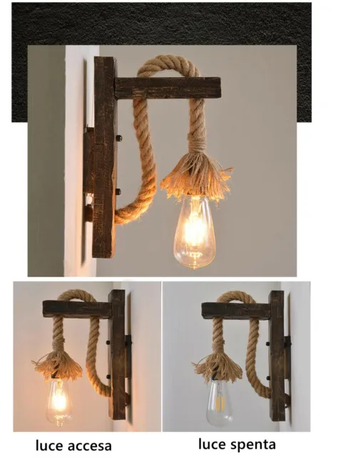 Applique lampada da parete in legno e corda di canapa E27 stile vintage country 6