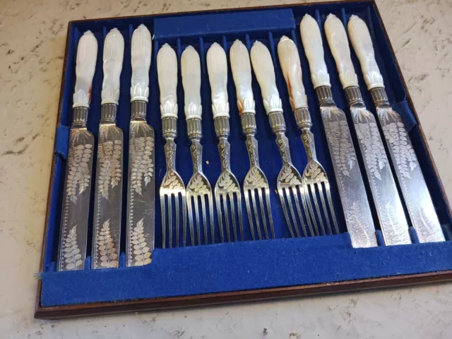 Antique Silver Plate Mother of Pearl Cutlery Set , Knife  & Forks