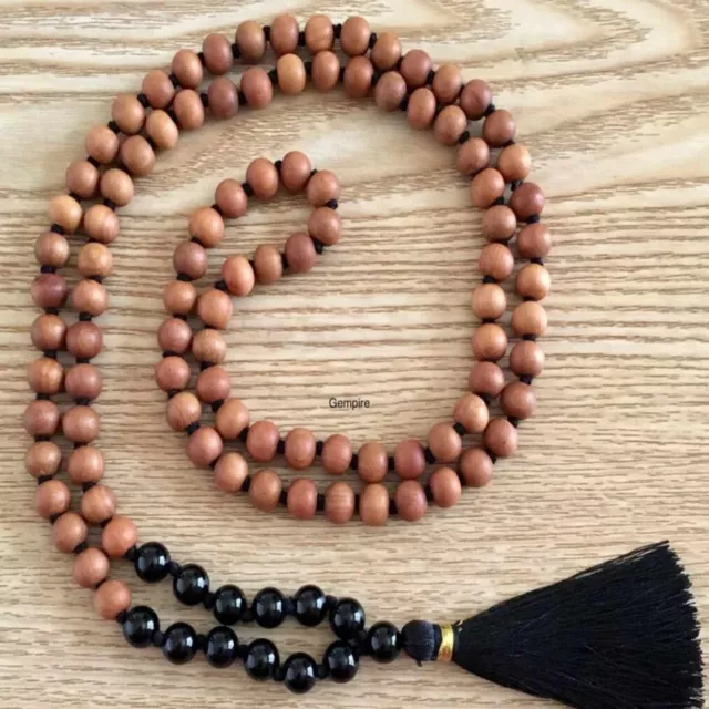 8mm Natural knot Sandalwood black agate beads necklace Meditation Wood Men