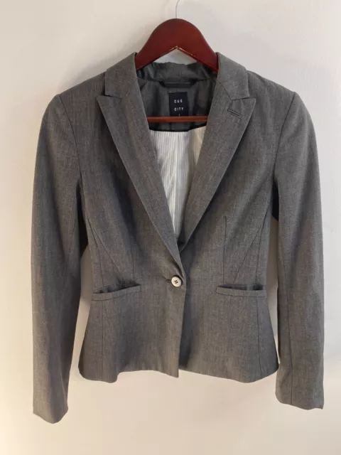 Cue City Blazer Jacket Womens Size 6 Grey Button Long Sleeve Pockets Stretch