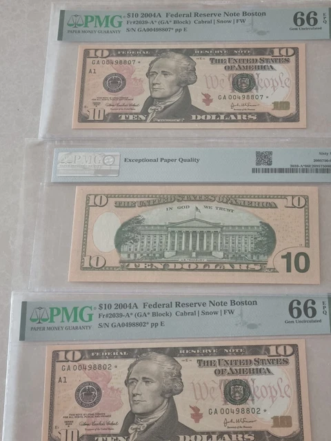 Fr. 2041-A* 2004-A $10 *Star* Federal Reserve Note Boston,  Pmg Gem Unc-66Epq