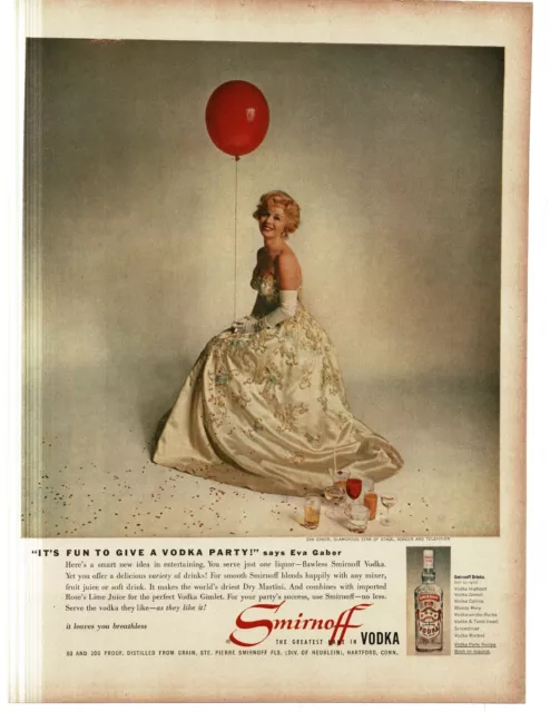 1959 Smirnoff Vodka Eva Gabor with red balloon Vintage Print Ad