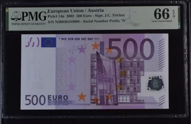 GEM UNC 500 Euro Austria European 2002 Trichet P-14n F005 PMG 66 EPQ Currency GEM UNC 500 Euro Austria European 2002 Trichet P-14n F005 PMG 66 EPQ Currency