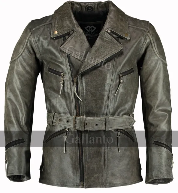 3/4 Mens Motorcycle MotorBiker Long Vintage Leather Jacket Distressed Eddie YKK