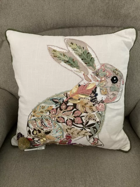 EMBROIDERED & SEQUENCE Easter Bunny Rabbit Pilllow 14 X 14” Pier 1 Zip ...