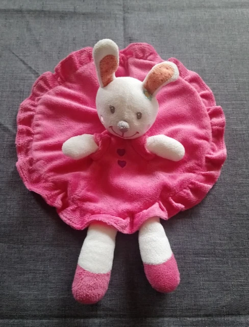 Doudou plat lapin rond blanc rose orange cœurs Nicotoy Simba état neuf