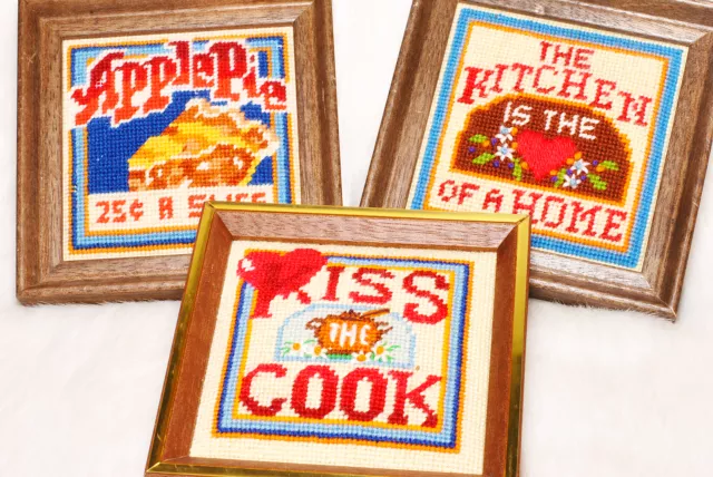 Vintage Collectible 3 Needlepoint Kitchen Wall Art Kiss the Cook Apple Pie