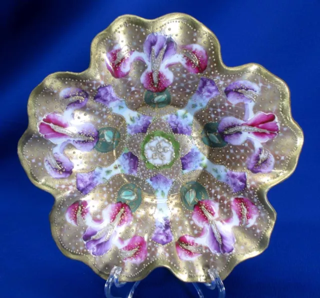 Hand-Painted Nippon Pink & Purple Floralruffled Dish Lots Of Heavy Gold & Beads