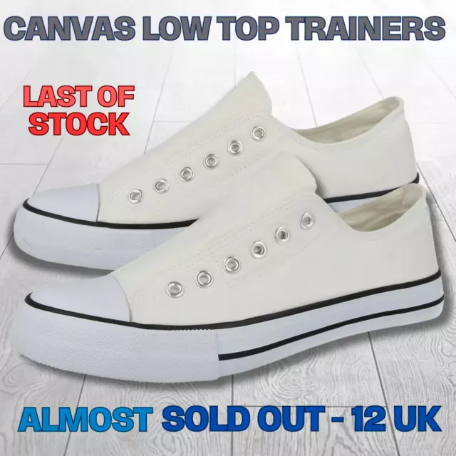 Mens Canvas Slip On Low Top Trainers White Laceless Casual Shoes - 12 UK - SALE