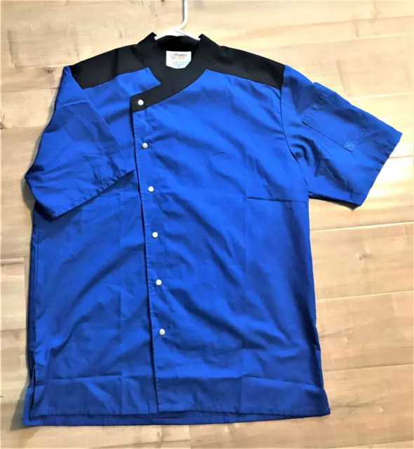 Happy Chef Women's Size M Blue Black Snap Up Professional Cook Smock Shirt