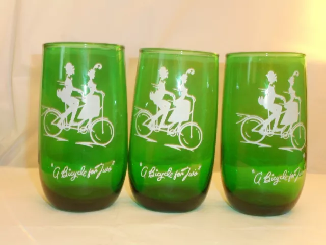 Anchor Hocking Green Drinking Glass A Bicycle For Two Water Milk Barware QTY 4