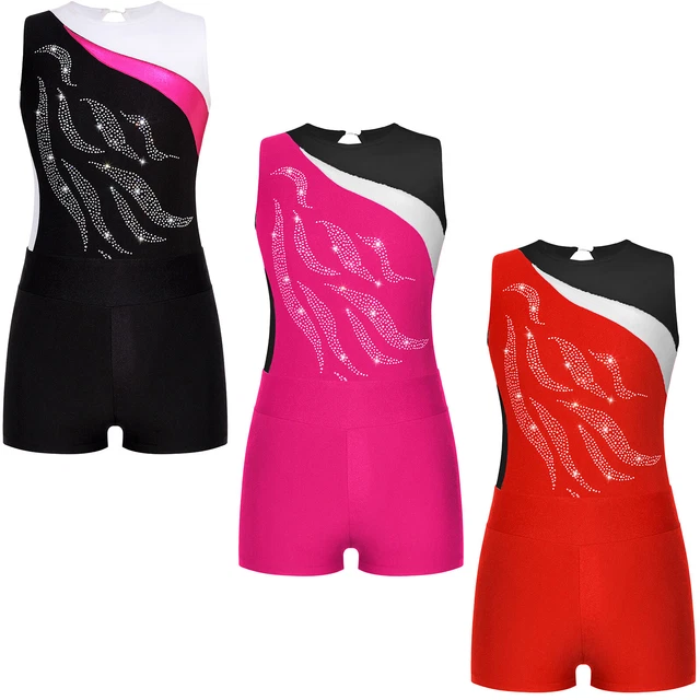Kids Girls 2Pcs Shiny Ballet Dance Outfits Gymnastics Bodysuit with Shorts