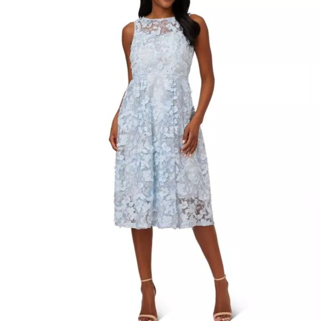 Adrianna Papell Floral Embroidered Fit & Flare Dress Midi Size 14 Baby Blue