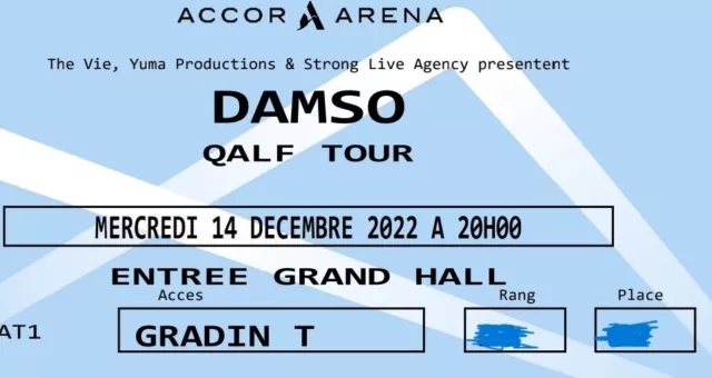 concert Damso 2 places catégorie 1  Paris 14 décembre 20h