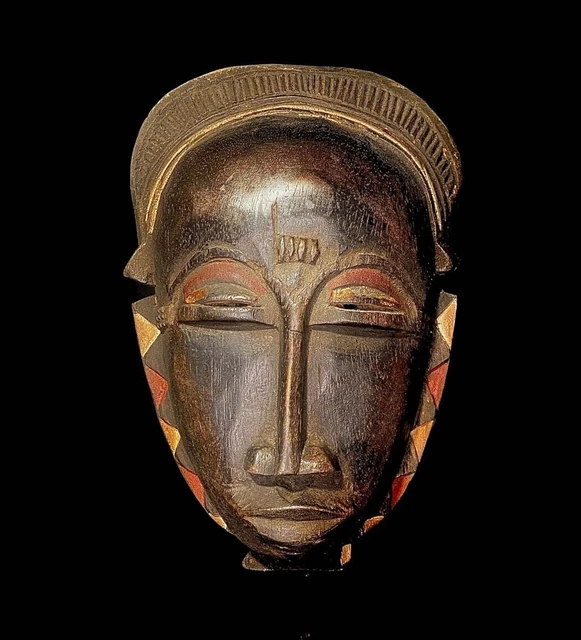 African Tribal Face Mask Wood Hand Carved Vintage Wall Hanging Baule West-5359