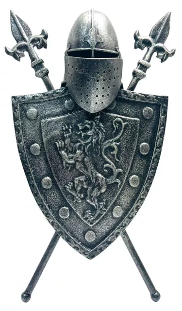 VINTAGE Iron Armor Shield with Swords, & Lion Figure, Wall Hanging, 16''T-MINT