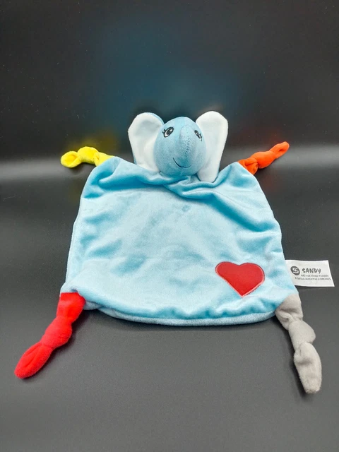 Doudou Plat Eléphant Bleu Jaune Gris Coeur Rouge - Sandy