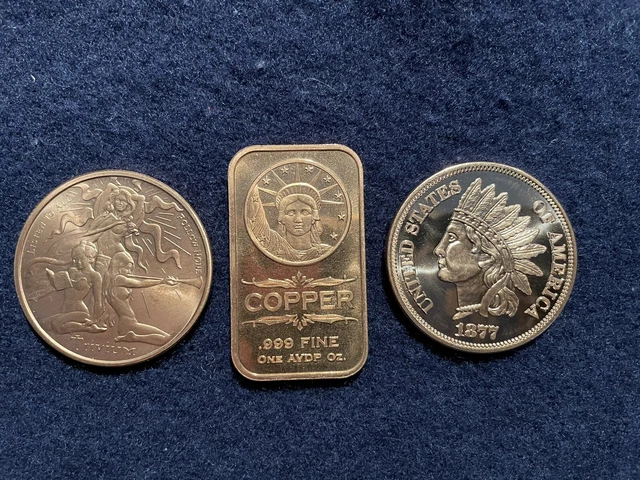 Lot of 2 Copper Rounds and 1 Bar, 1 ounce each