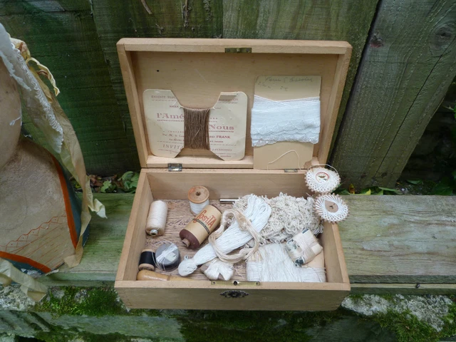 Vintage old French Haberdashery wood box with lace spool trims etc inside