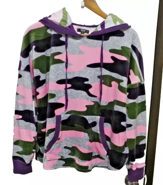 Simply Vera-Vera Wang Velour Camo Hoodie Pink, Gray, Green & Purple Sz L