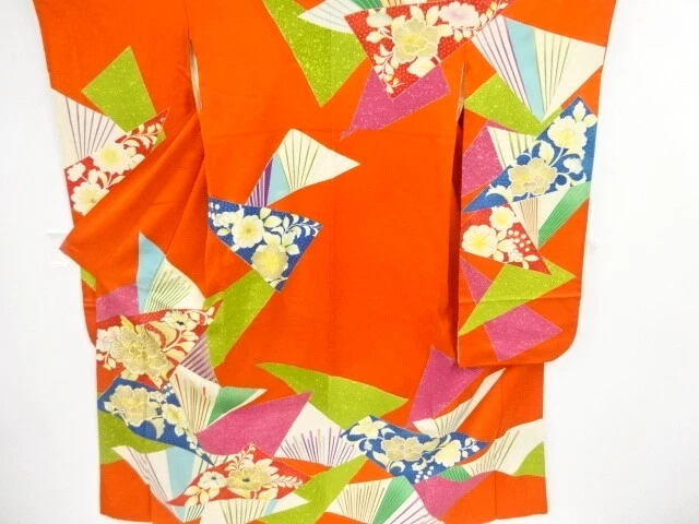 39573# Japanese Kimono / Antique Furisode / Embroidery / Floral Plants