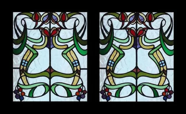 Stunning Antique English Art Nouveau Floral Pair Stained Glass Windows