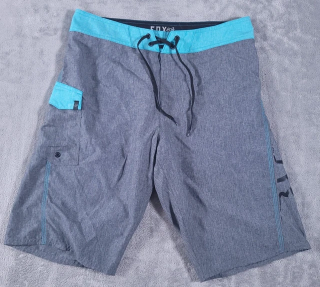 Fox Racing Board Shorts Adult 30 Gray Teal Unlined Swim Surf Logo Pocket