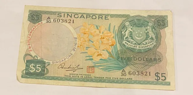 SINGAPORE 5 DOLLARS 1960’BOAT ORCHID RARE WORLD CURRENCY ASEAN Banknote Circ.