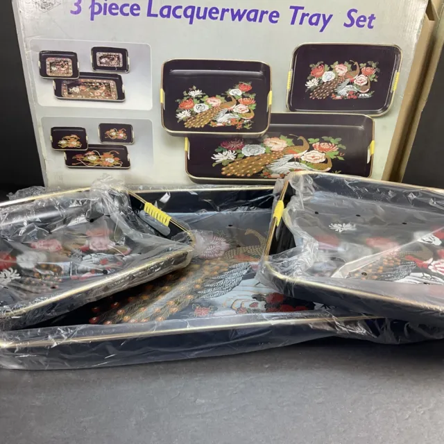 Vintage MCM 3 Piece Lacquerware Tray Nesting Set from Japan Peacock Design NOS