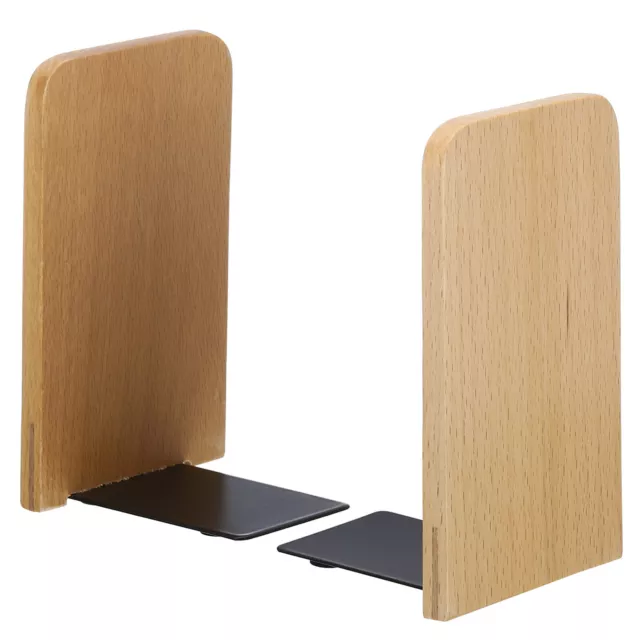 Wood Bookend with Metal Base, 2 Pcs Square Head Book Ends, Beech Wood Style 2