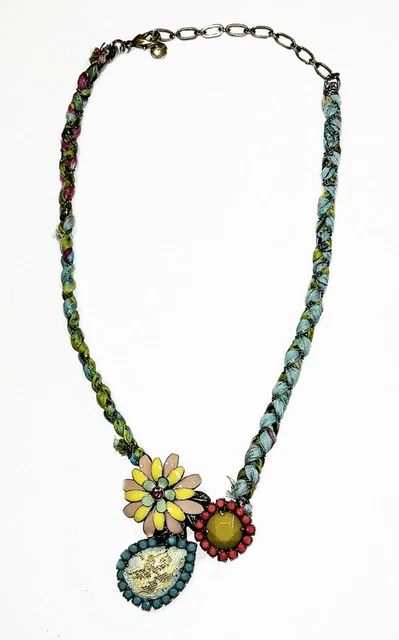 Bohm Necklace Floral Enamel Beads Multicolor  Silk And Silver Tone Chain 19 Inch
