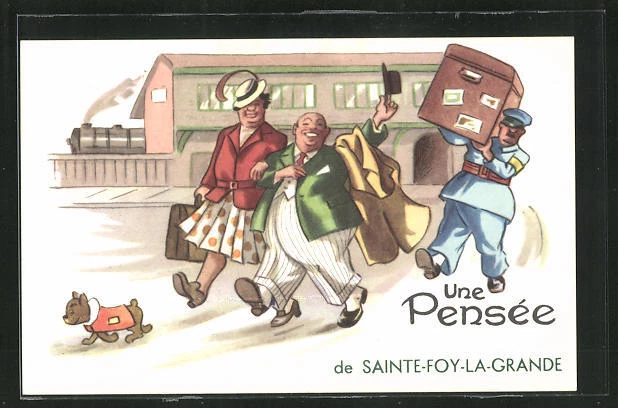 CPA Sainte-Foy-la-Grande, greeting card with painted passers-by in front of La Gare