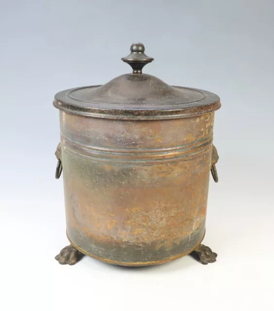 Antique Brass And Copper Coal Bucket with Lion Head Handles and Lion Paw Feet 3