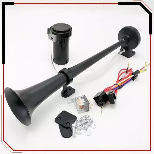 1x 12V 130DB Black Super Loud Air Horn Compressor Single Trumpet Kit For Cars