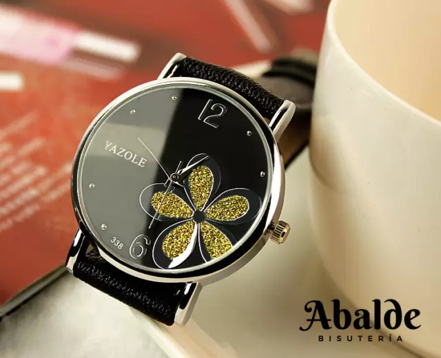 Reloj Relojes Pulsera Joya Mujer Analógico Diseño Flor Negro Caja de Regalo