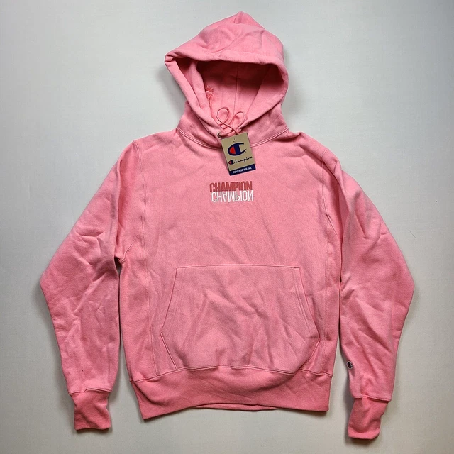 Champion Men Small Relaxed-Fit Reflection Logo-Print Fleece Hoodie Guava Pink