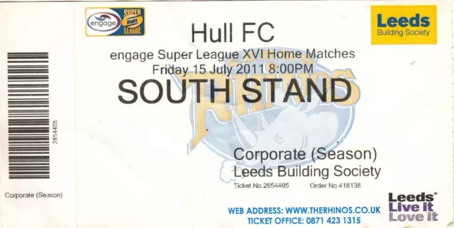Ticket - Leeds Rhinos v Hull FC 15.07.2011